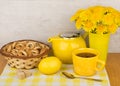 Tea with sugar and lemon, bagels and bouquet Royalty Free Stock Photo