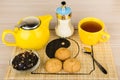 Tea with sugar, yellow glass kettle and biscuits Royalty Free Stock Photo