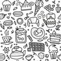 Tea and sweets seamless doodle pattern. Outline hand drawn illustration about coffee or tea time - coffee, tea, cupcake, cups, Royalty Free Stock Photo