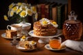 Tea table cake honey. Generate Ai