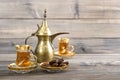 Tea table golden oriental decoration rustic wooden background