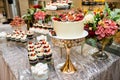 Tea table, a lot of beautiful, bright and delicious cupcakes-cupcakes with cream, strawberries Royalty Free Stock Photo