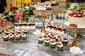 Tea table, a lot of beautiful, bright and delicious cupcakes-cupcakes with cream, strawberries Royalty Free Stock Photo