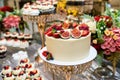 Tea table, a lot of beautiful, bright and delicious cupcakes-cupcakes with cream, strawberries Royalty Free Stock Photo