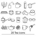 Tea theme black simple outline icons set