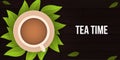 Tea time banner on wood background with tea leaves. Royalty Free Stock Photo