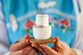 Tea time, beautiful porcelain cup of tea in yunnanese girl hands at tea shop, Mae Salong Village, Chiang Rai, Thailand