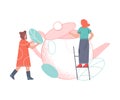 Tea Time Break with Woman Character on Ladder Bringing Tea Leaf in Huge Teapot Vector Illustration