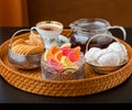 Tea time with candies and cookies. Royalty Free Stock Photo