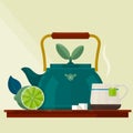 Tea time.Card with a Cup of Tea, Kettle and Lemon.Isolated vector objects.