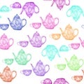 Tea time collection. Seamless pattern with colorful teapots and cups Royalty Free Stock Photo