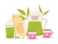 Tea time composition with cups, pot and leaves. Matcha or green drink, drinking accessories and food. Summer fresh Royalty Free Stock Photo