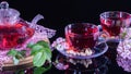 Tea time: cup of tea. Creative layout made of cup of hibiscus tea and leafs. Red tea, carcade, karkade, rooibos. Oriental, cozy, Royalty Free Stock Photo