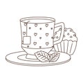 Tea time, cup and sweet cupcake in dish mint leaves design linear design