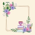 Tea time, cute kettle cups books flowers and leaves frame decoration Royalty Free Stock Photo