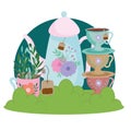Tea time cute kettle cups dishes teabag flowers and leaves nature