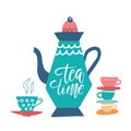 Tea Time and decorated teapot hand drawn vector illustration with brush lettering. Isolated on white background. Cartoon Royalty Free Stock Photo