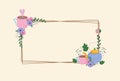 Tea time, delicate frame with kettle cups flowers decoration leaves