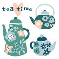 Tea time. Floral kettles with flowers Royalty Free Stock Photo