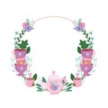 Tea time, floral wreath cups decoration flowers and leaves Royalty Free Stock Photo
