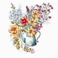 Tea Time in the Garden: A Rusty Metal Teapot Surrounded by Spring Flowers AI Generated