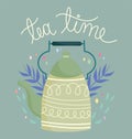 Tea time green kettle leaves decoration, kitchen ceramic drinkware, floral design cartoon