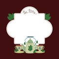 Tea time green teapot cups leaves nature badge design Royalty Free Stock Photo