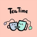 Tea time hand drawn vector illustration in cartoon style with two cups loved valentines day card Royalty Free Stock Photo