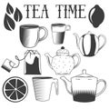 Tea time hand drawn vector illustration. Set of tea objects isolated on white background. Royalty Free Stock Photo