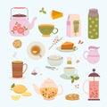 tea time. hot drink kettle cups with tea for spend rest time. Vector flat illustrations