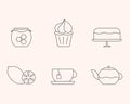 Tea Time Icons Set. Thin line, black contour, outline, flat design. Isolated elements of cup, teapot, honey jar, lemon