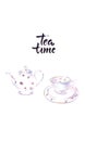 Tea time, Illustration of cup and kettle of black tea Royalty Free Stock Photo