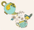 Tea time illustration with flowers and bird