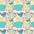 Tea time illustration with flowers and bird, seamless pattern