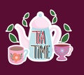 Tea time kettle and cups leaves mint nature herbal Royalty Free Stock Photo