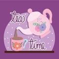 Tea time, kettle pouring tea in cup with flower