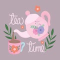 Tea time, kettle pouring on cup, flowers decoration kitchen ceramic drinkware, floral design cartoon Royalty Free Stock Photo