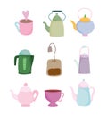Tea time kitchen ceramic drinkware, teabag, cups and kettle cartoon design