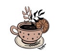 Tea time, lemon tea mug, coffee cup and plate. Doodle illustration for witch shop, witchcraft herbal potion, color hand drawing