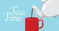 Tea time lettering. Banner with white teapot, red cup of tea and hand drawn text. Royalty Free Stock Photo