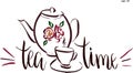 Tea time lettering in vector. Cup with swirl design elements and retro teapot with flower. Royalty Free Stock Photo
