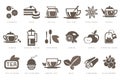 Tea time linear icons set, cookie, cake, kettle, cup, sugar, french press, teaspoon, lemon, apple, infusion bag