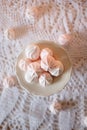 Tea time. Lunch with diet dessert white and pink marshmallows Royalty Free Stock Photo