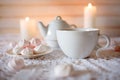 Tea time. Lunch with hot tea and diet dessert white and pink mar Royalty Free Stock Photo