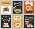 Tea time menu cards. Cute breakfast posters with funny hand drawn text, hot drinks and different sweets and desserts