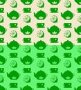 Tea time monochrome seamless pattern. Silhouettes of tableware utencil, teapot, cup, lemon fruit, geometric grid, green