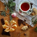 Tea time oranges and chocolate 7 Royalty Free Stock Photo