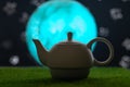Tea time, oriental tales, teapot with oriental background, starry sky and moon. Delicious and spicy tea