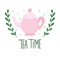 Tea time pink teapot branches nature, kitchen ceramic drinkware, floral design cartoon