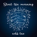 Tea time poster concept. Tea party greeting card design. Hand drawn illustration of hand holding tea cup isolated on blue backgrou Royalty Free Stock Photo